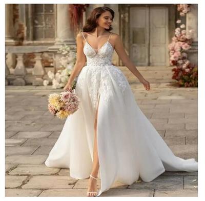 Spaghetti Straps Boho Wedding Dress Sexy V Neck Backless Beach Bridal Dresses With Slit A Line Tulle Civil Bohemian Engagement Bride Gowns 