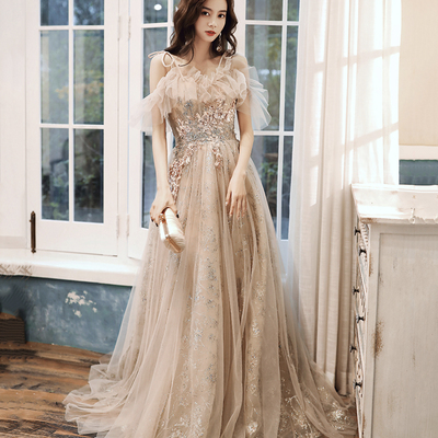 Champagne tulle sequins long prom dress evening dress