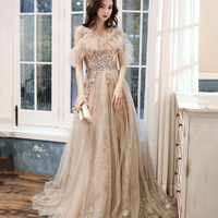 Champagne tulle sequins long prom dress evening dress - Thumbnail 6