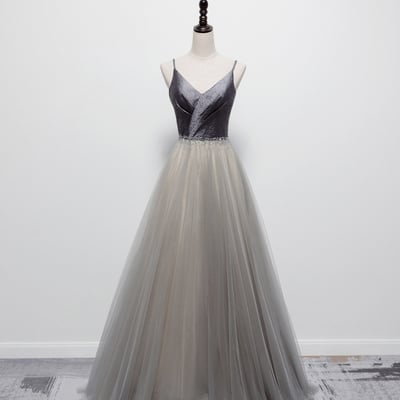 Gray tulle beads long prom dress a line evening dress