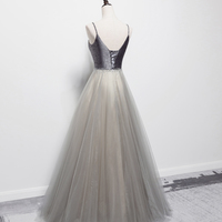 Gray tulle beads long prom dress A line evening dress - Thumbnail 4