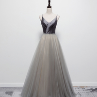 Gray tulle beads long prom dress A line evening dress - Thumbnail 6