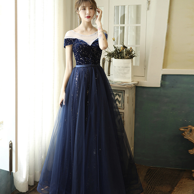 Blue velvet tulle long prom dress evening dress - Thumbnail 3