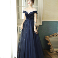 Blue velvet tulle long prom dress evening dress - Thumbnail 1