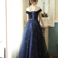 Blue velvet tulle long prom dress evening dress - Thumbnail 3