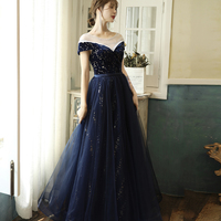 Blue velvet tulle long prom dress evening dress - Thumbnail 4