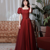 Burgundy satin tulle long prom dress A line evenig dress - Thumbnail 1