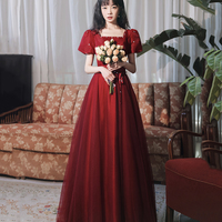 Burgundy satin tulle long prom dress A line evenig dress - Thumbnail 2