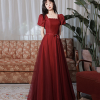 Burgundy satin tulle long prom dress A line evenig dress - Thumbnail 3