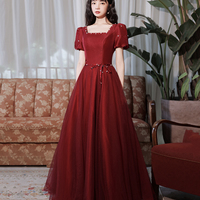 Burgundy satin tulle long prom dress A line evenig dress - Thumbnail 7