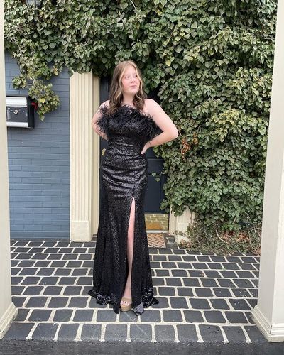 Sparkly Mermaid Ostrich Feather Black Sequins Long Prom Dress