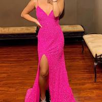 Stunning V Neck Hot Pink Long Prom Dresses with Slit - Thumbnail 1