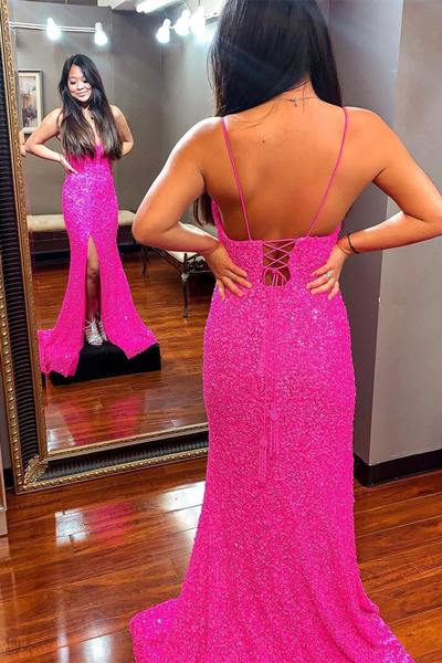 Stunning V Neck Hot Pink Long Prom Dresses with Slit