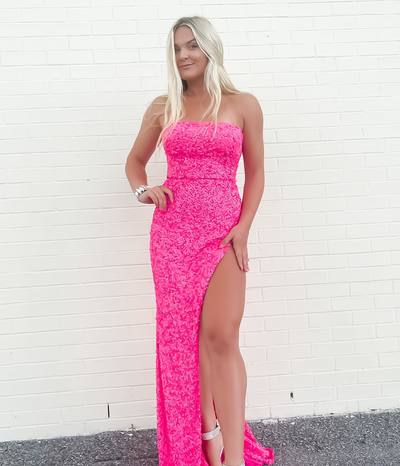 Hot Pink Strapless Sheath Long Prom Dresses with Slit