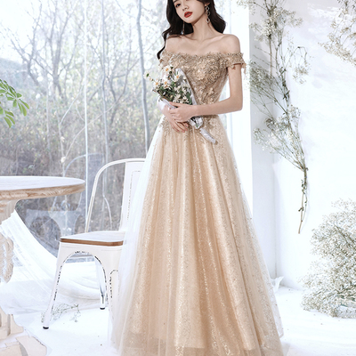 Champagne tulle lace long prom dress a line evening gown - Thumbnail 3