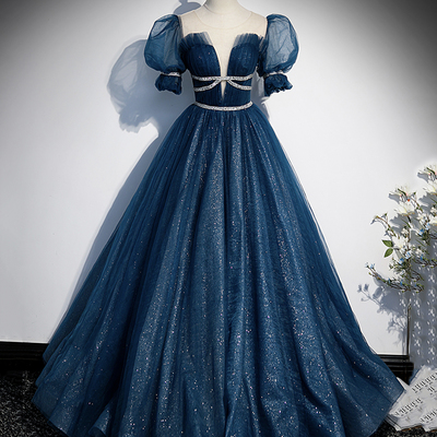 Shiny tulle sequins long prom dress a line evening gown - Thumbnail 3