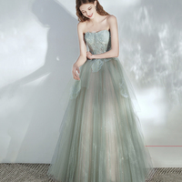 Green tulle lace long prom dress A line evening dress - Thumbnail 2