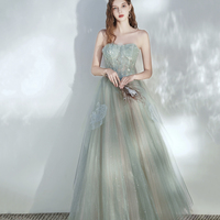 Green tulle lace long prom dress A line evening dress - Thumbnail 3