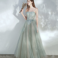 Green tulle lace long prom dress A line evening dress - Thumbnail 4