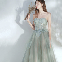 Green tulle lace long prom dress A line evening dress - Thumbnail 5