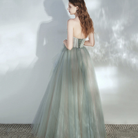 Green tulle lace long prom dress A line evening dress - Thumbnail 6