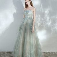 Green tulle lace long prom dress A line evening dress - Thumbnail 7