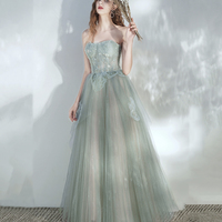 Green tulle lace long prom dress A line evening dress - Thumbnail 1