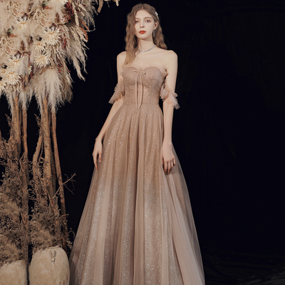 Shiny tulle sequins long prom dress a line evening dress - Thumbnail 4