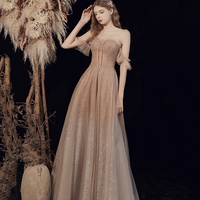 Shiny tulle sequins long prom dress A line evening dress - Thumbnail 1