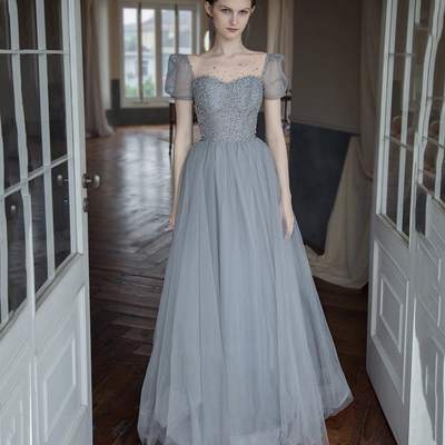 Gray tulle beads long prom dress a line evening dress - Thumbnail 3