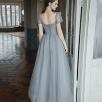 Gray tulle beads long prom dress A line evening dress - Thumbnail 2