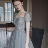 Gray tulle beads long prom dress A line evening dress - Thumbnail 3