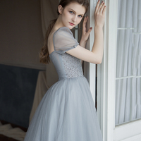 Gray tulle beads long prom dress A line evening dress - Thumbnail 4