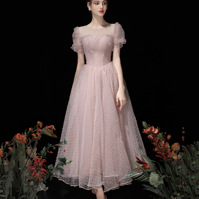 Pink tulle beads short prom dress a line homecoming dress - Thumbnail 3