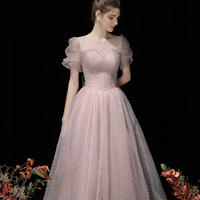 Pink tulle beads short prom dress A line homecoming dress - Thumbnail 1