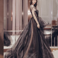 Black tulle long prom dress A line evening gown - Thumbnail 1