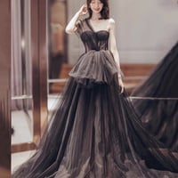 Black tulle long prom dress A line evening gown - Thumbnail 2