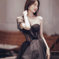 Black tulle long prom dress A line evening gown - Thumbnail 3