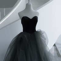 Black and gray tulle long prom dress A line evening dress - Thumbnail 1