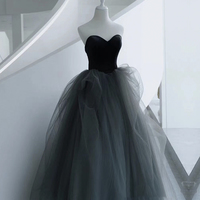 Black and gray tulle long prom dress A line evening dress - Thumbnail 2