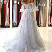 A-Line Cold Sleeves Grey Prom Gown with Embroidery,743 - Thumbnail 2