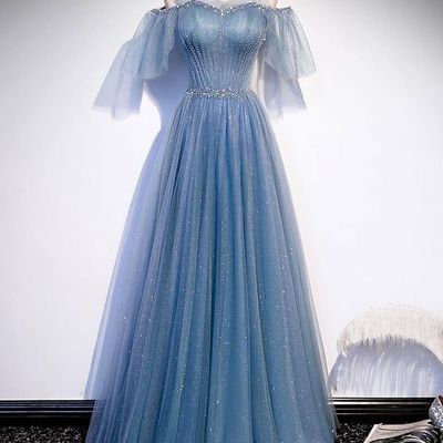 Sparkly gorgeous a line off the shoulder dusty blue tulle prom dresses with beading,746 - Thumbnail 2