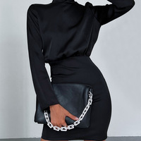 Long Sleeve Open Back Butterfly Turtleneck Dress - Thumbnail 2