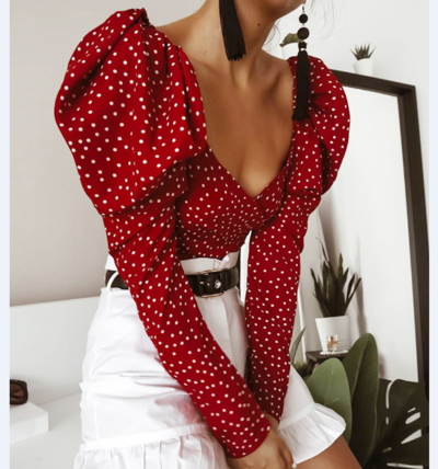 Sexy Long Sleeve Puff Sleeve Print V-Neck Shirt Top