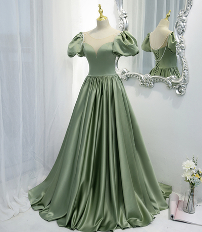 Green satin long A line prom dress green evening dress,1289