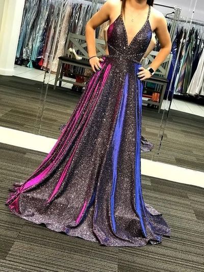 Glitter A-Line V Neck Navy Blue Sparke Satin Long Prom Dresses,1290