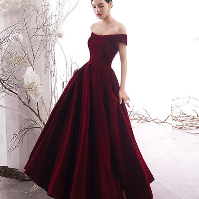 Burgundy velvet long prom dress formal dress,1291
