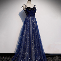 Blue velvet tulle long prom dress A line evening dress - Thumbnail 1