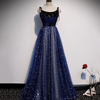 Blue velvet tulle long prom dress A line evening dress - Thumbnail 2
