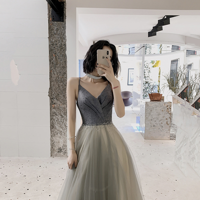 Gray tulle beads long prom dress a line evening dress